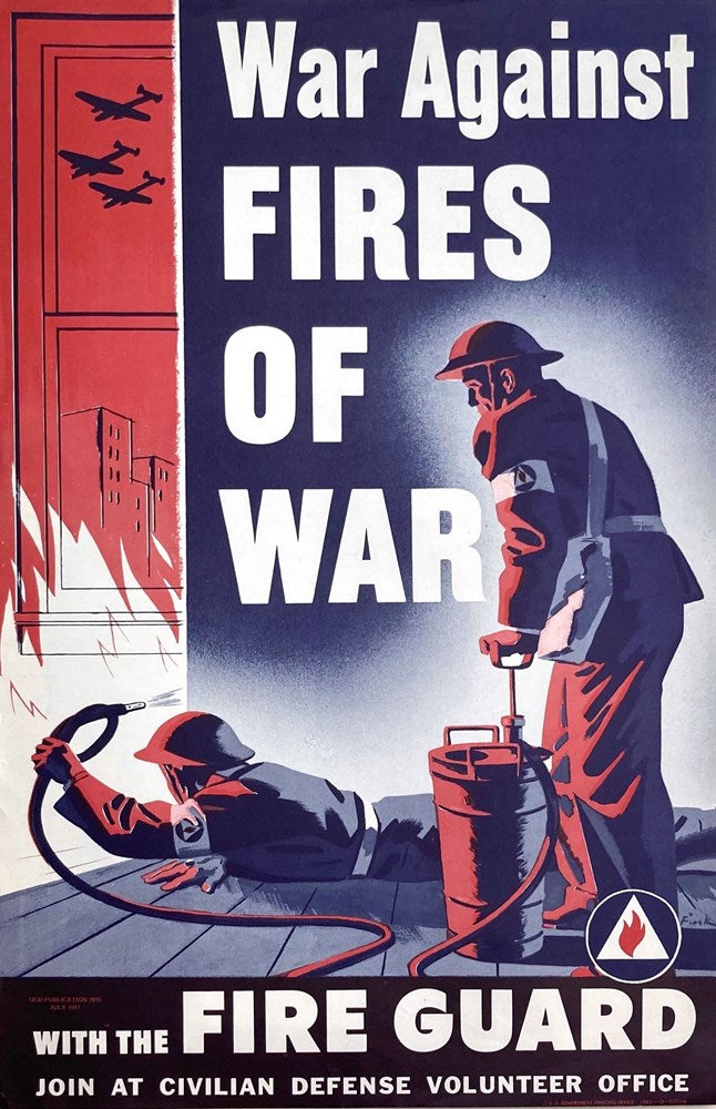 "War Against Fires of War with the Fire Guard" Vintage WWII Civilian Defense Volunteer Poster by Fink, 1943