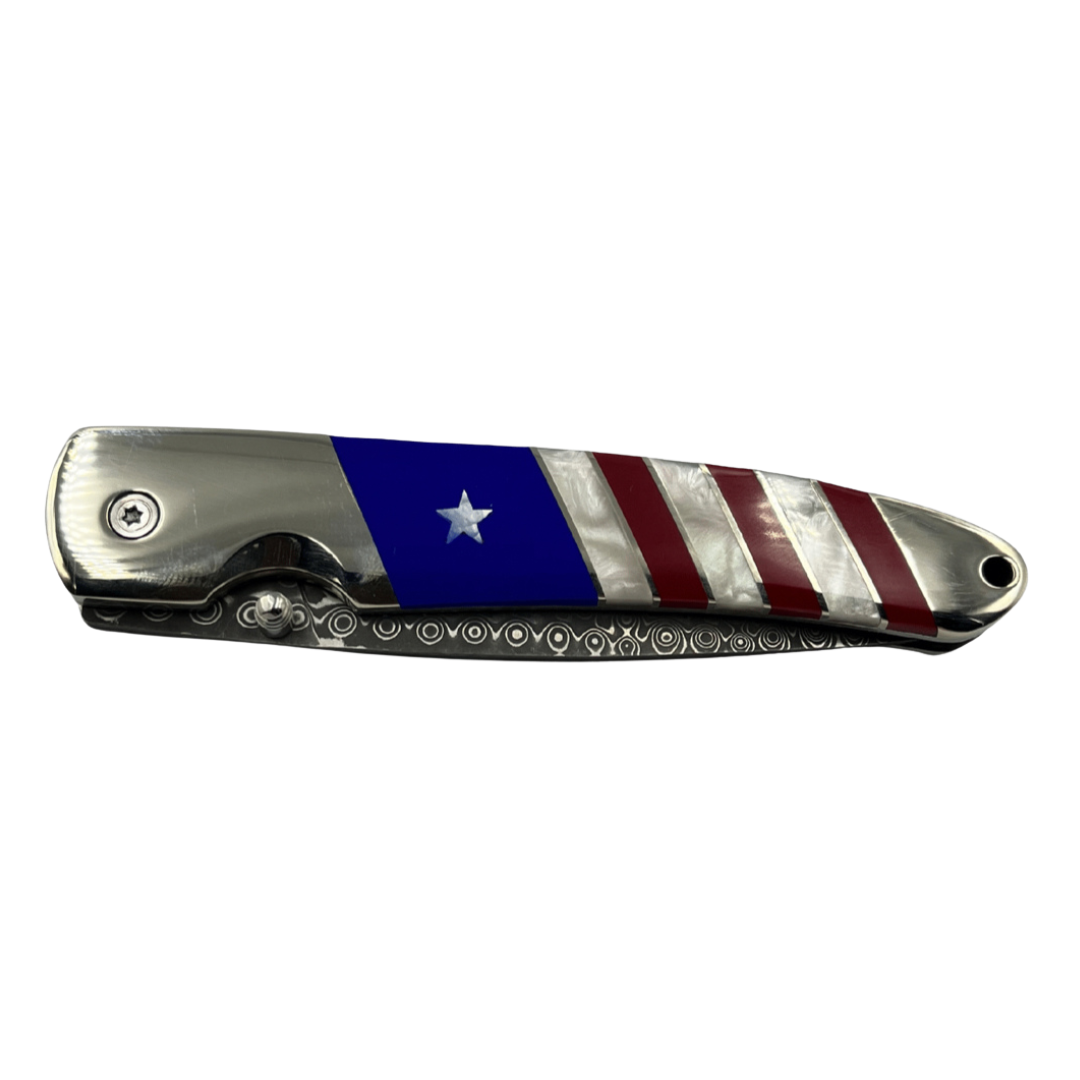 Patriotic Collection 4″ Damascus Steel Double Sided Liner Lock Pocket Knife