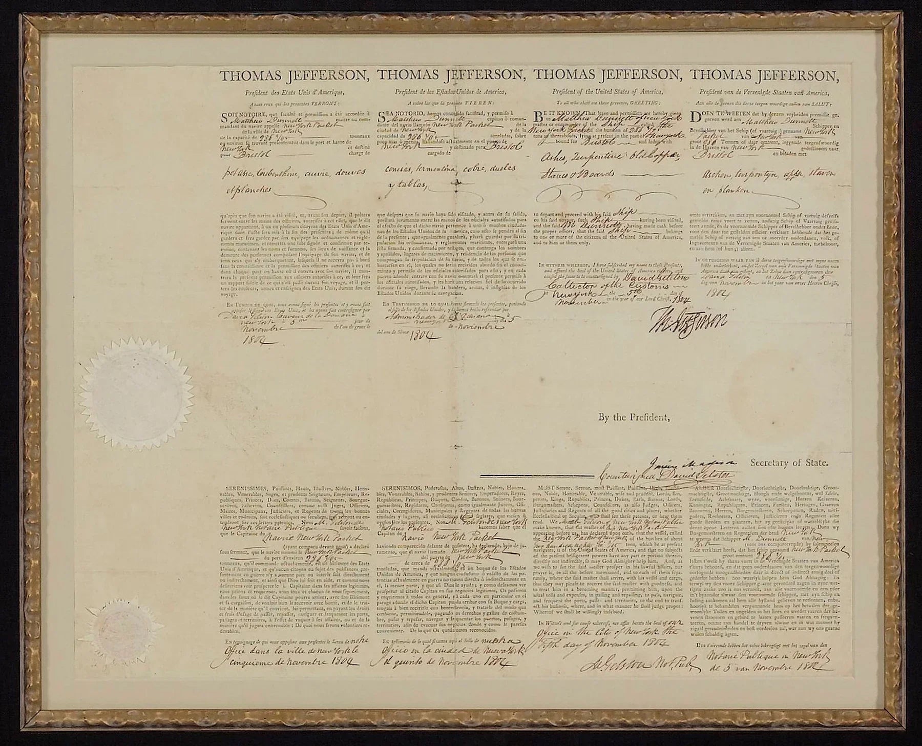 1804 Ship’s Paper Signed by Jefferson and Madison