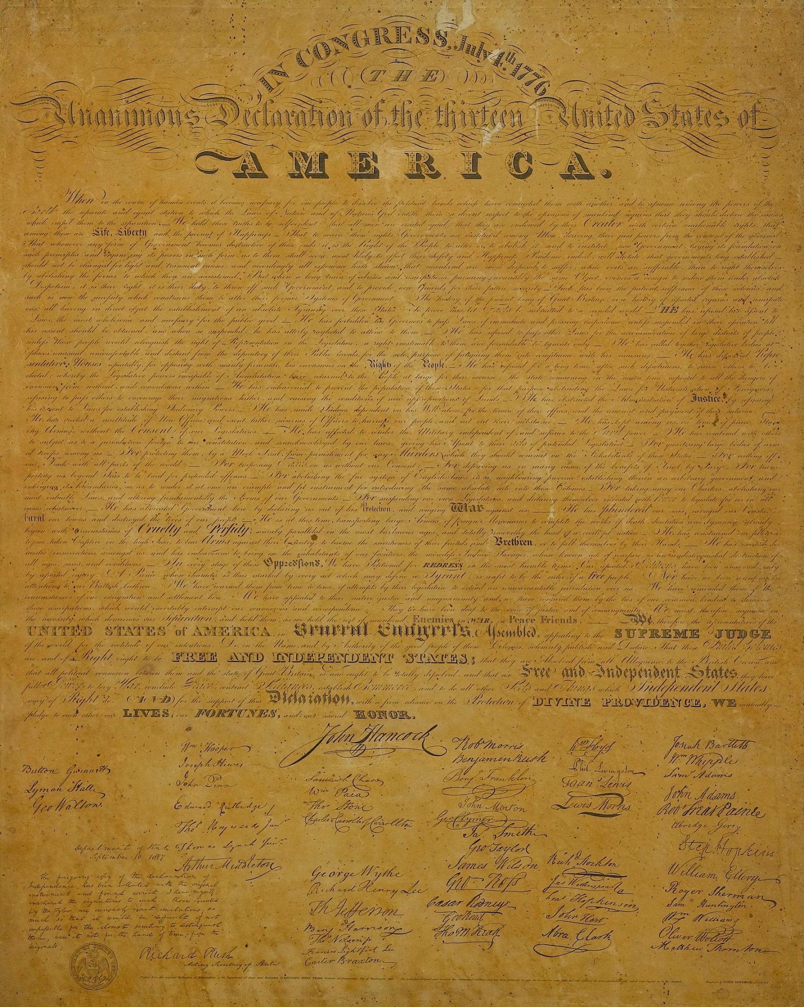 1818 Declaration of Independence Broadside Engraved by Benjamin Owen Tyler - The Great Republic