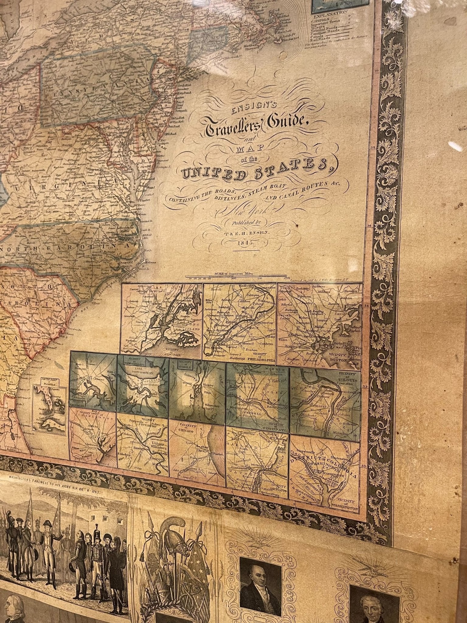 1845 "Ensign's Travellers' Guide and Map of the United States," Hand - Colored Wall Map - The Great Republic