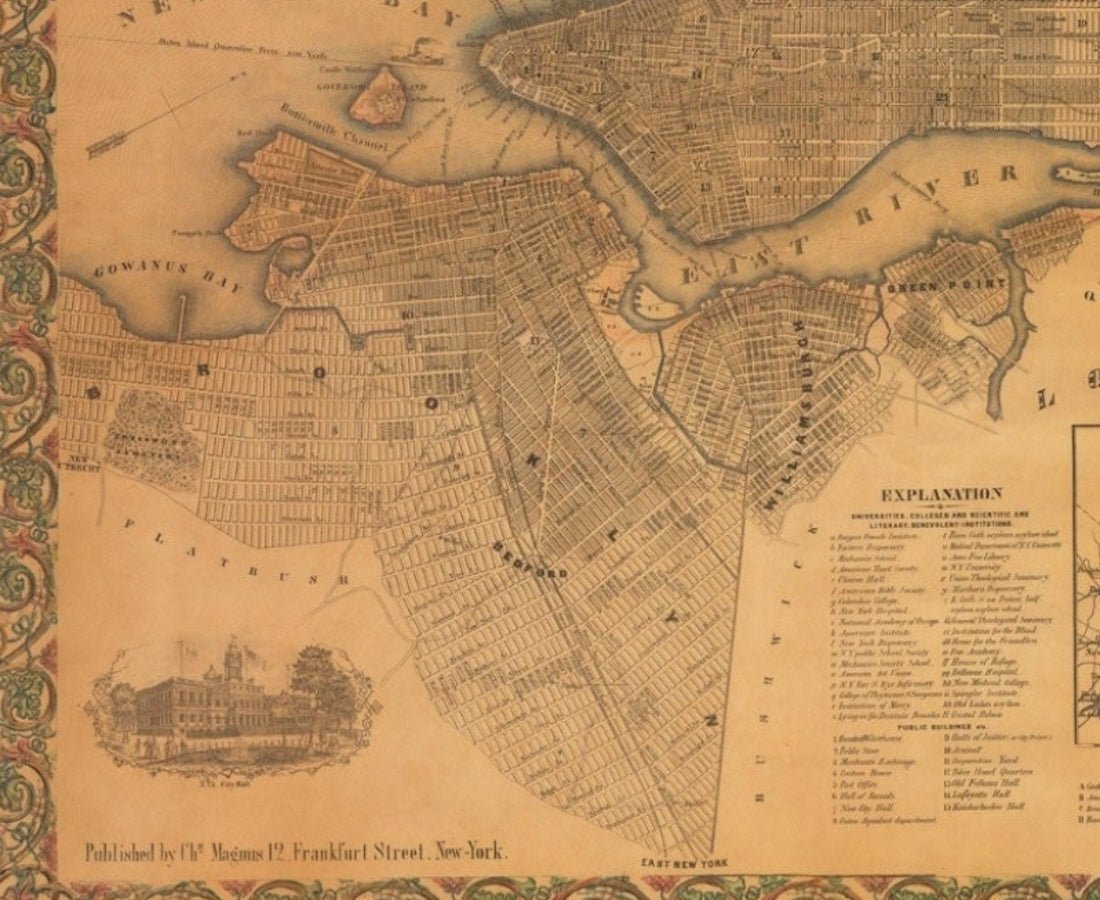 1855 New - York City & County Map with Vicinity entire Brooklyn Williamsburgh Jersey City & c. by Charles Magnus - The Great Republic