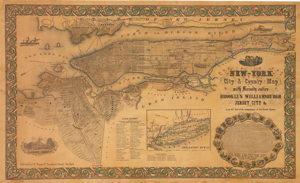 1855 New - York City & County Map with Vicinity entire Brooklyn Williamsburgh Jersey City & c. by Charles Magnus - The Great Republic