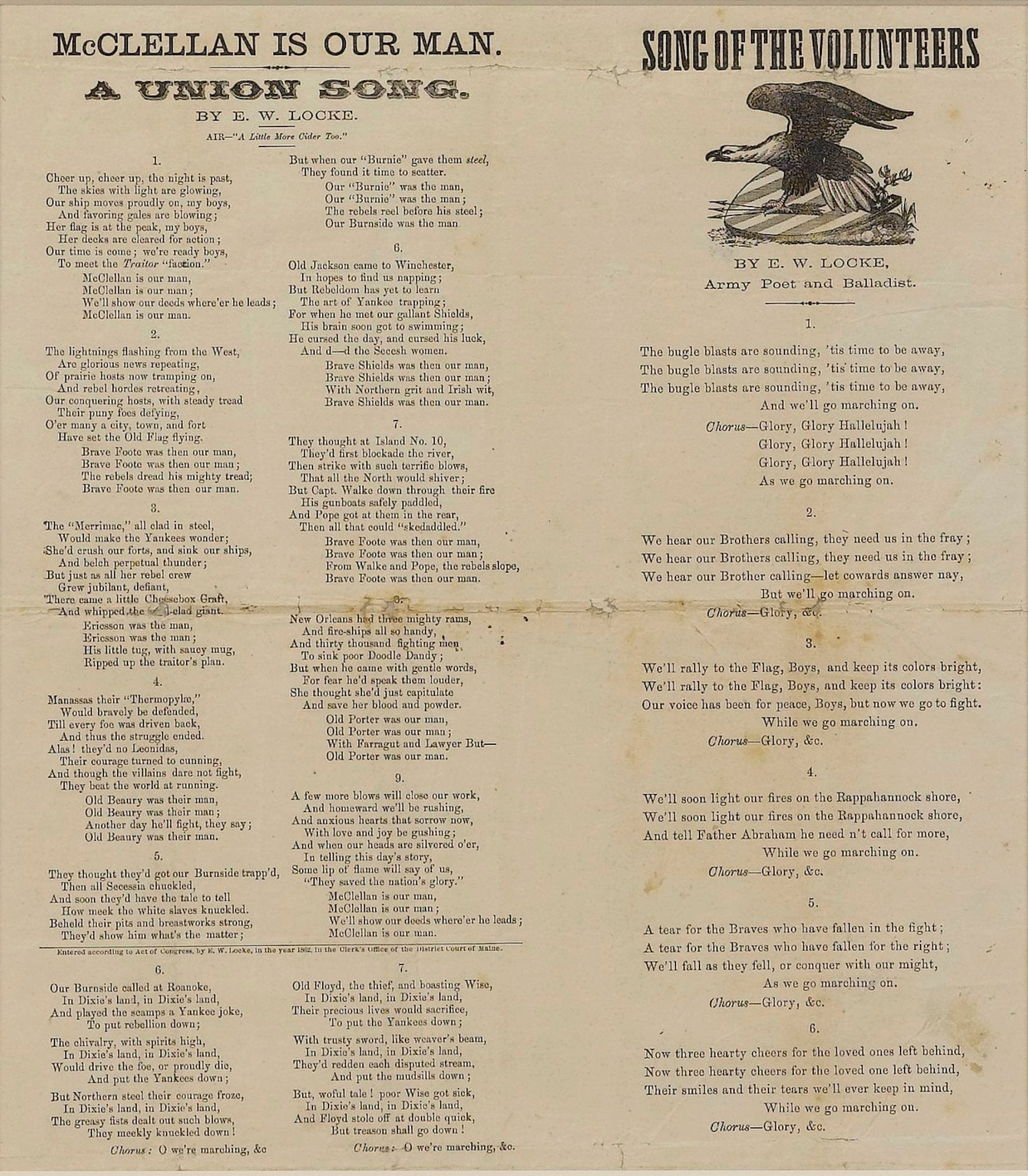 1862 "McClellan is Our Man" and "Song of the Volunteers" Civil War Song Sheet, by E. W. Locke - The Great Republic