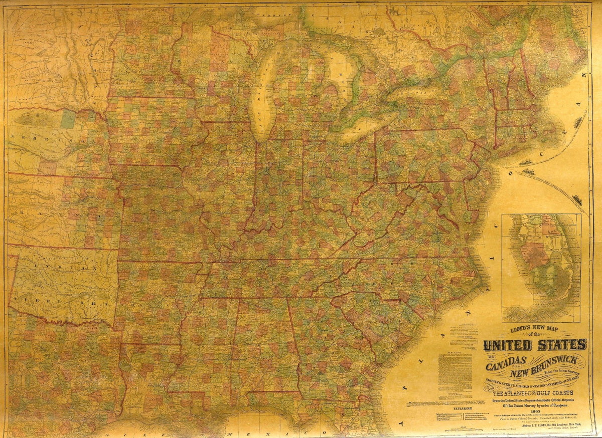1863 "Lloyd's New Map of the United States, the Canadas, and New Bruns