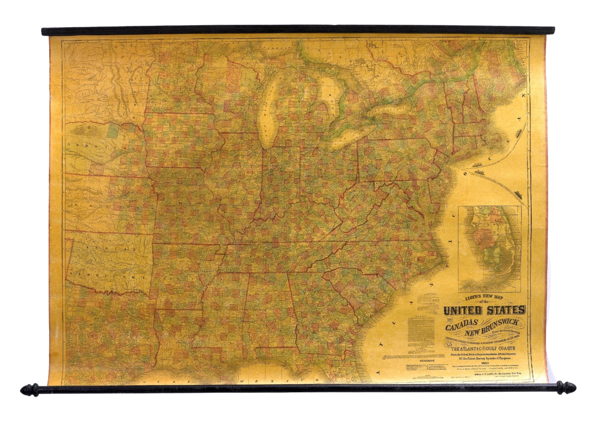 1863 "Lloyd's New Map of the United States, the Canadas, and New Brunswick" Hanging Wall Map - The Great Republic