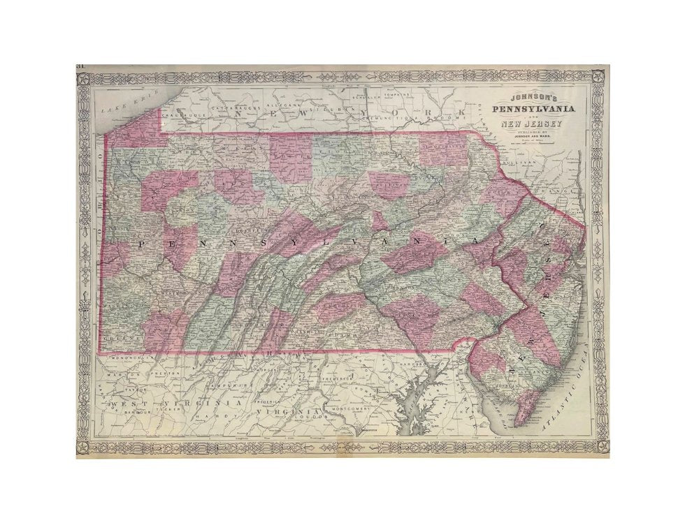 1865 "Johnson's Pennsylvania and New Jersey" Map by Johnson and Ward - The Great Republic