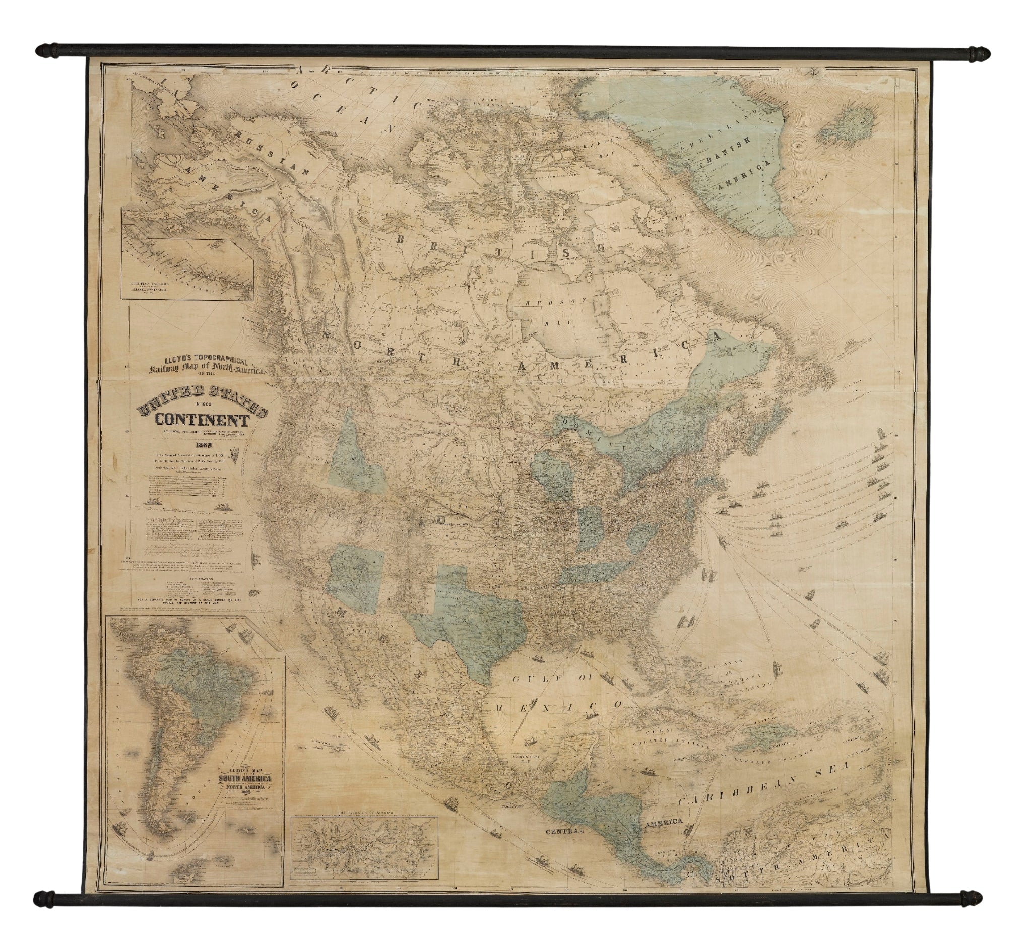 1868 "Lloyd's Topographical Railway Map of North America, or The United States Continent in 1900" Hanging Wall Map - The Great Republic
