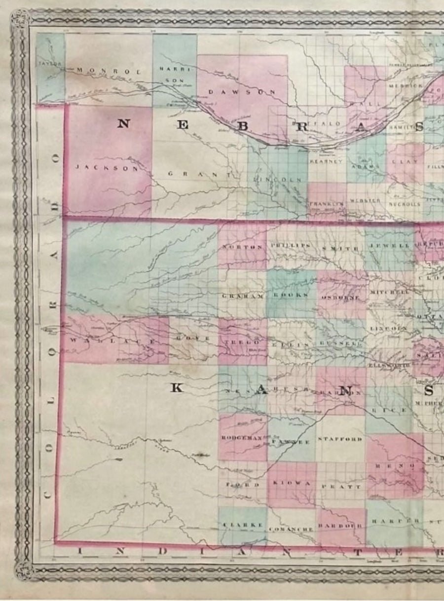 1870 "Johnson's Kansas and Nebraska" Map Published by A. J. Johnson - The Great Republic