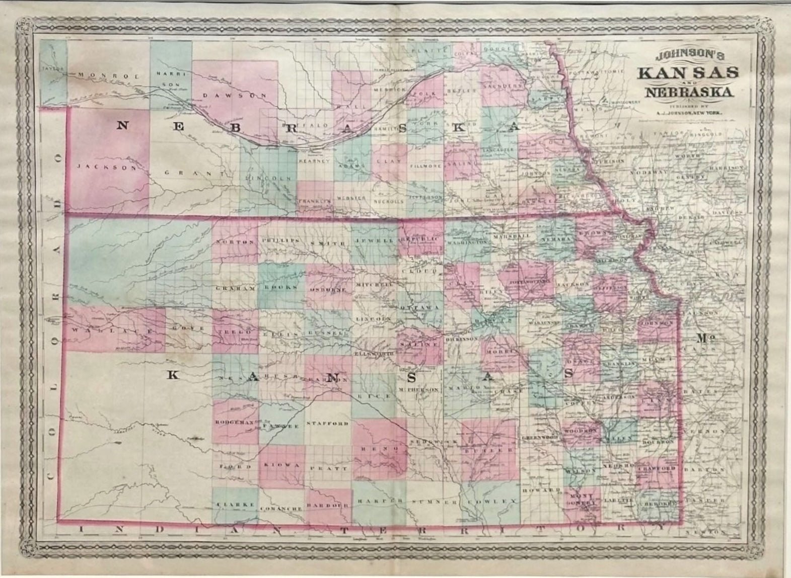 1870 "Johnson's Kansas and Nebraska" Map Published by A. J. Johnson - The Great Republic