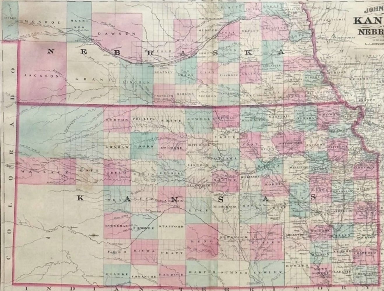 1870 "Johnson's Kansas and Nebraska" Map Published by A. J. Johnson - The Great Republic