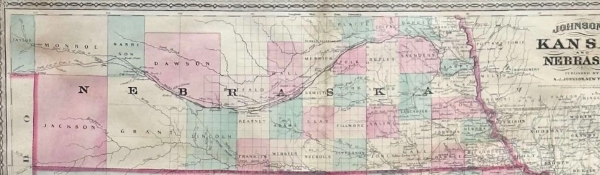 1870 "Johnson's Kansas and Nebraska" Map Published by A. J. Johnson - The Great Republic