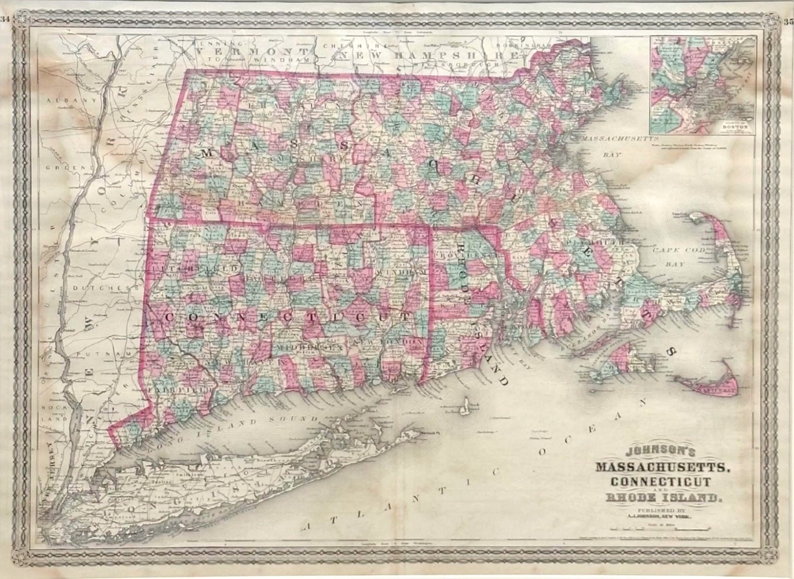 1870 "Johnson's Massachusetts, Connecticut and Rhode Island" Map Published by A. J. Johnson - The Great Republic