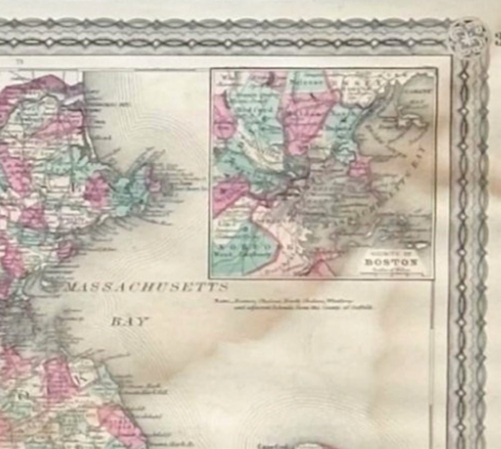 1870 "Johnson's Massachusetts, Connecticut and Rhode Island" Map Published by A. J. Johnson - The Great Republic