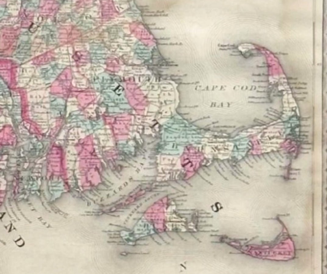 1870 "Johnson's Massachusetts, Connecticut and Rhode Island" Map Published by A. J. Johnson - The Great Republic
