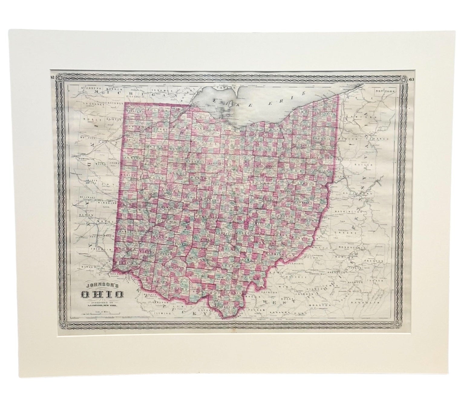 1870 "Johnson's Ohio" Map Published by A. J. Johnson - The Great Republic