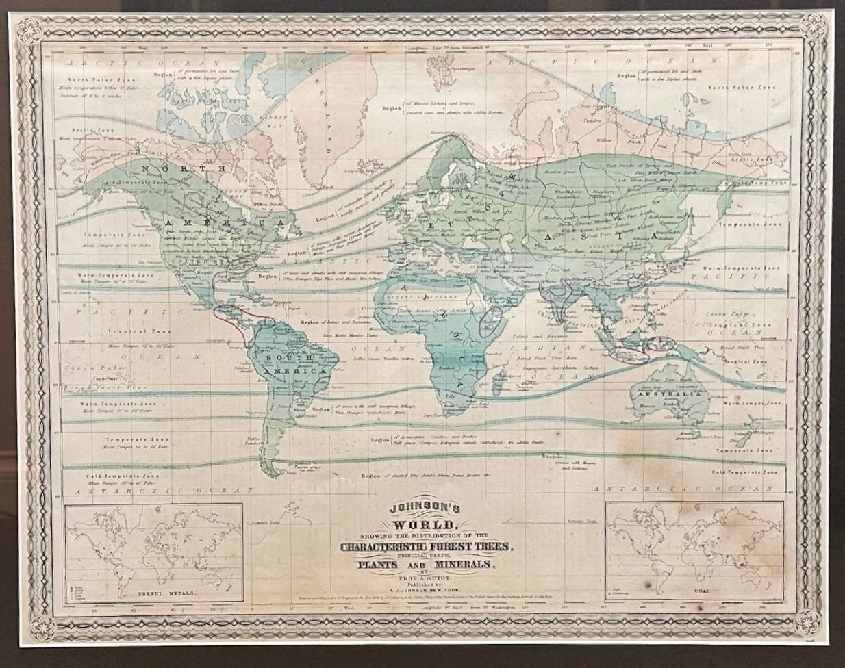 1870 "Johnson's World, Showing the Distribution of the Characteristic Forest Trees, Principal Useful Plants and Minerals" by Prof. A. Guyot, Published by A. J. Johnson - The Great Republic