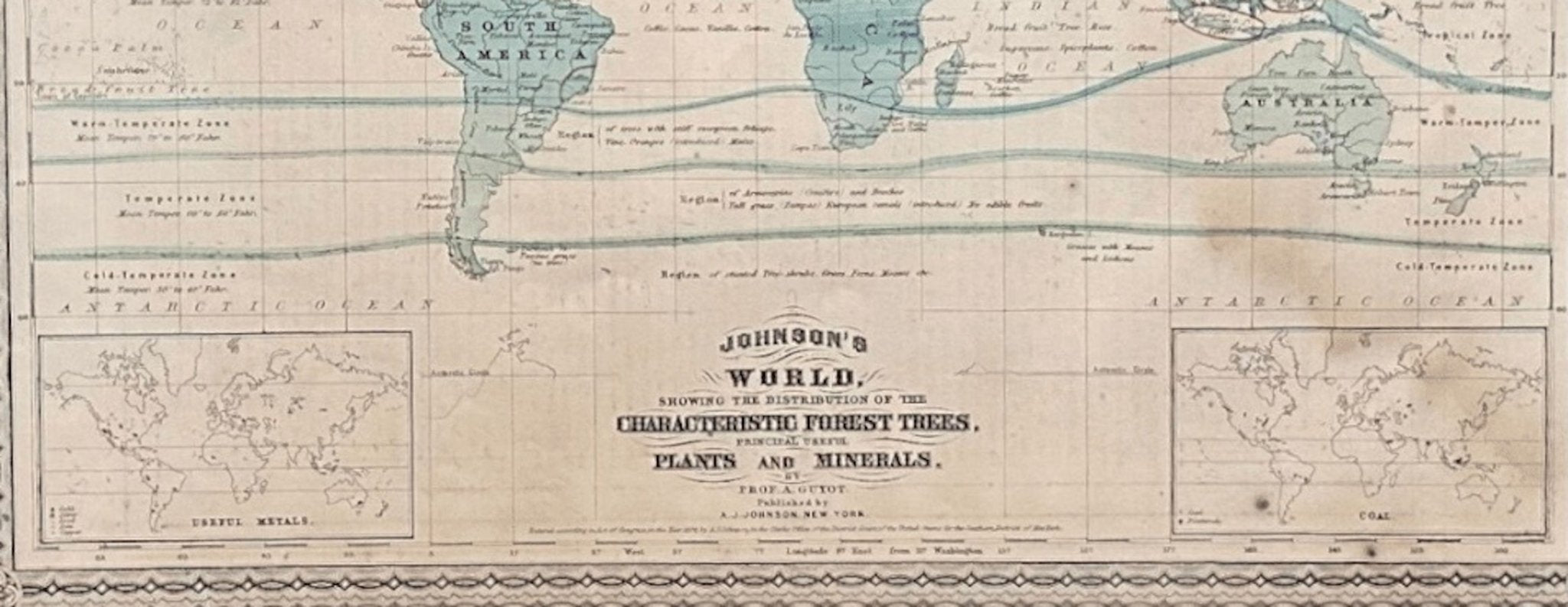 1870 "Johnson's World, Showing the Distribution of the Characteristic Forest Trees, Principal Useful Plants and Minerals" by Prof. A. Guyot, Published by A. J. Johnson - The Great Republic
