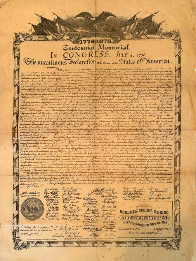 1876 Declaration of Independence Centennial Memorial Broadside by James D. Mcbride, Published by Columbian Publishing Company - The Great Republic