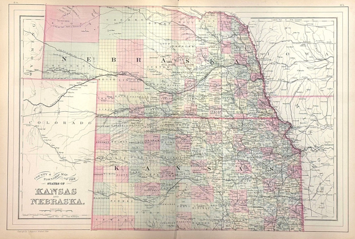 1884 "County and Township Map of the States of Kansas and Nebraska" by S. Augustus Mitchell - The Great Republic