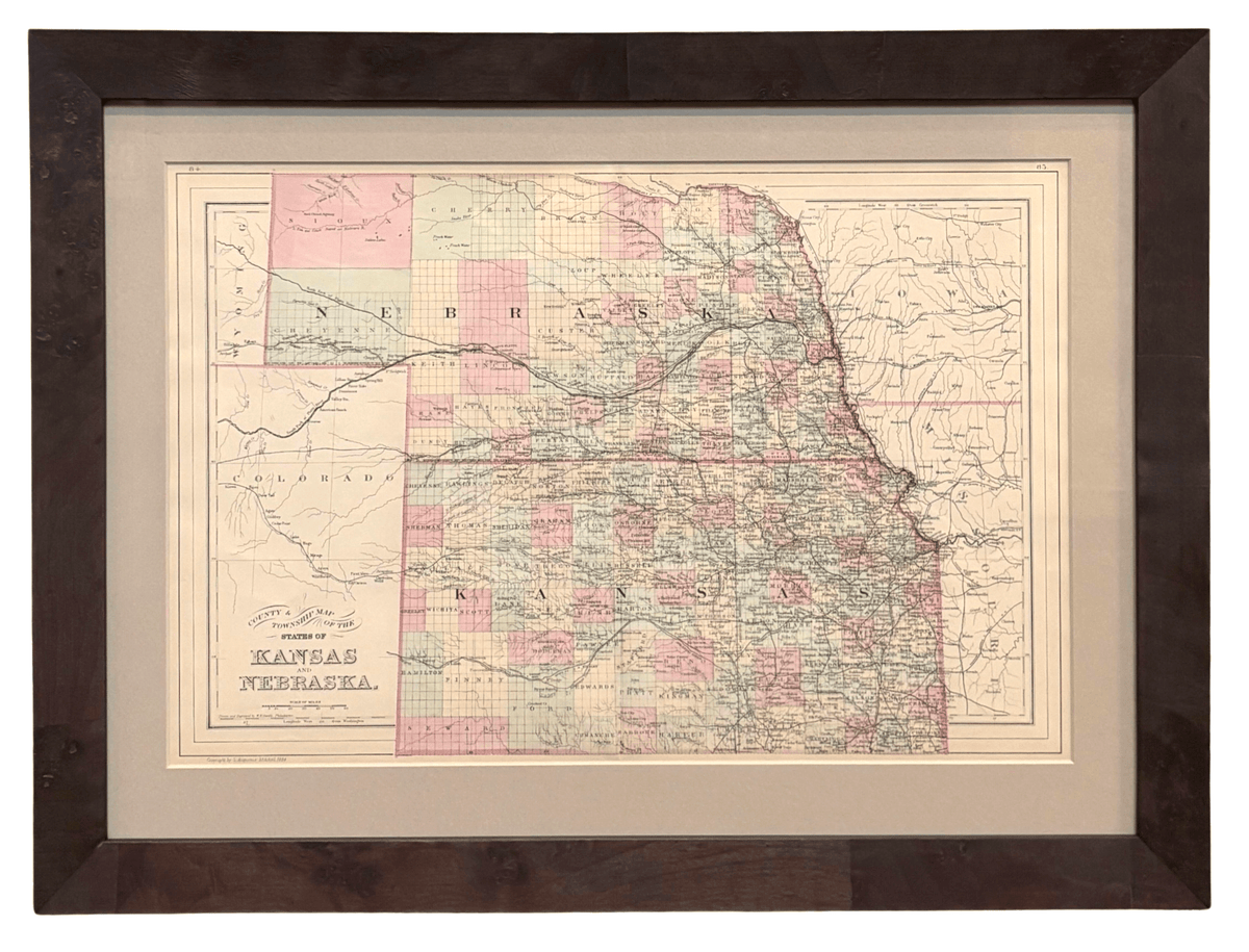 1884 "County and Township Map of the States of Kansas and Nebraska" by S. Augustus Mitchell - The Great Republic