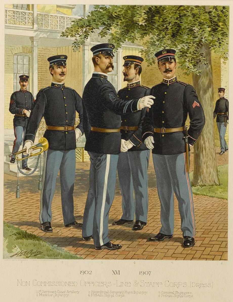 1908 "Artillery & Musician Infantry Uniforms" Chromolithograph by H. A. Ogden - The Great Republic
