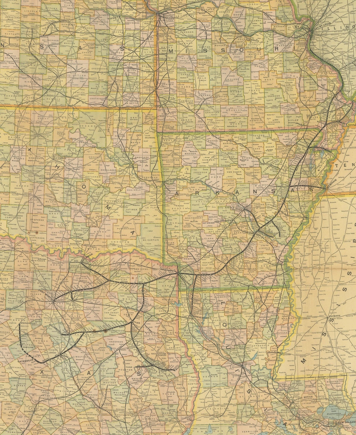 1909 "Geographically Correct County Map of St. Louis Southwestern Railway Lines" by Poole Bros. - The Great Republic