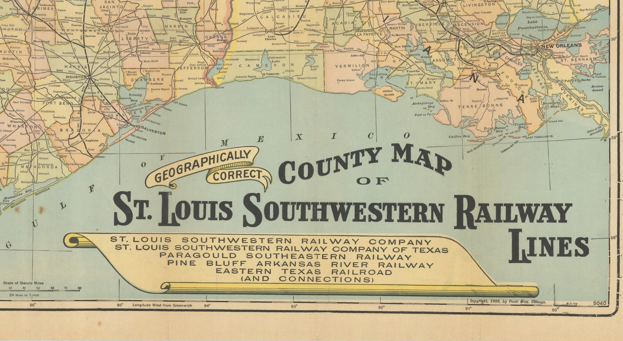 1909 "Geographically Correct County Map of St. Louis Southwestern Railway Lines" by Poole Bros. - The Great Republic