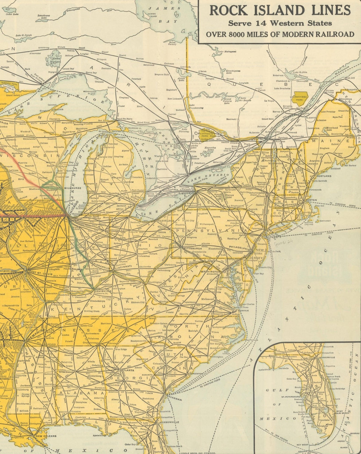 1928 "Map of Rock Island Lines and Connections" United States Railroad Map by The Poole Brothers - The Great Republic