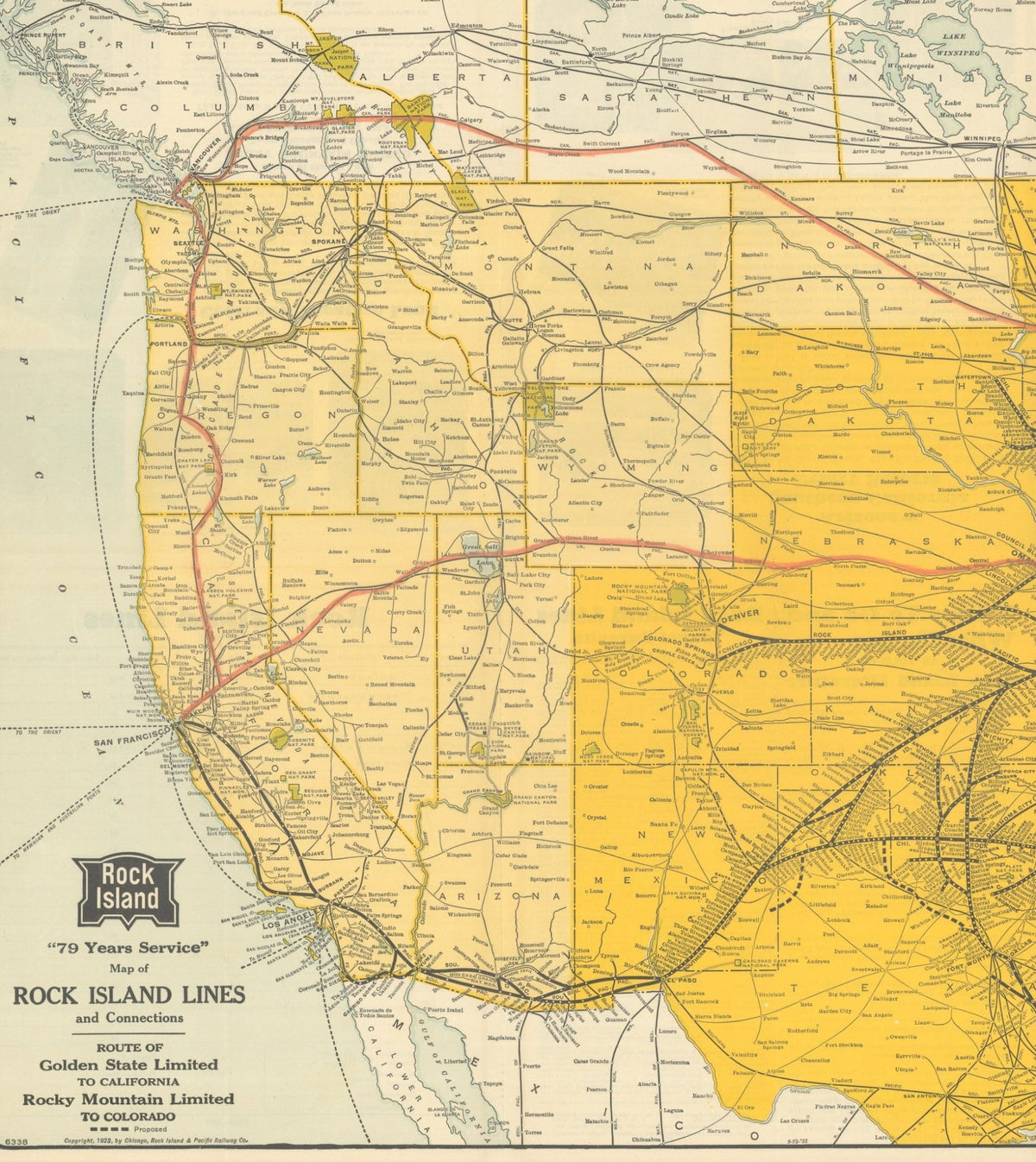 1928 "Map of Rock Island Lines and Connections" United States Railroad Map by The Poole Brothers - The Great Republic