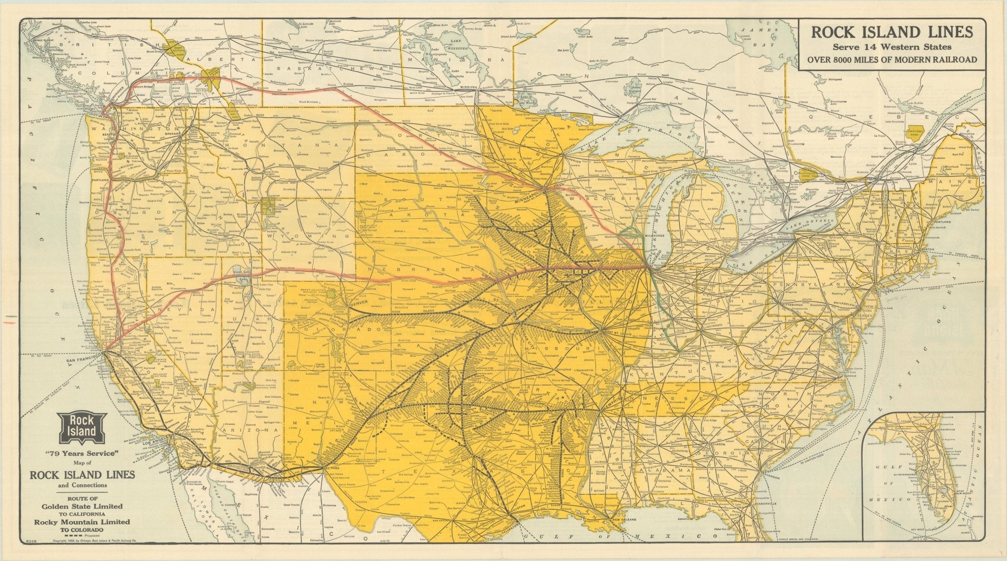 1928 "Map of Rock Island Lines and Connections" United States Railroad Map by The Poole Brothers - The Great Republic