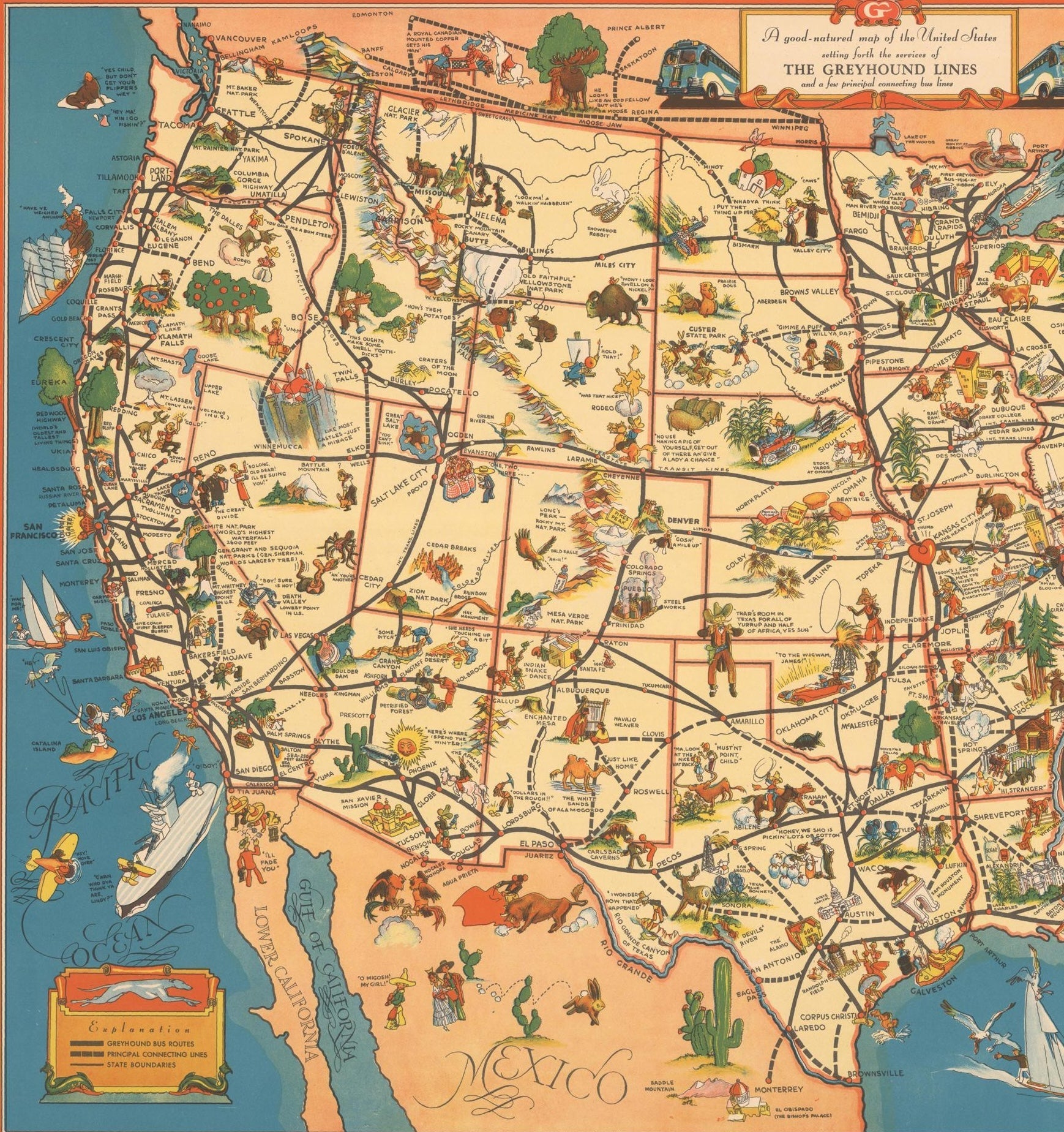 1939 "A Good - Natured Map of the United States Setting Forth the Services of the Greyhound Lines and a Few Principal Connecting Bus Lines" by Greyhound - The Great Republic