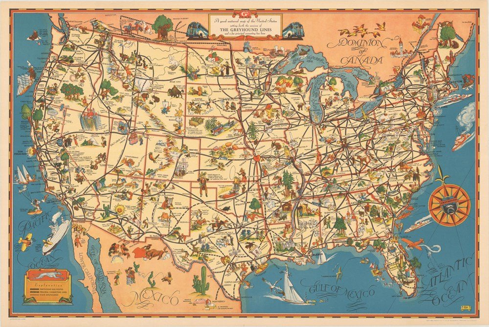 1939 "A Good - Natured Map of the United States Setting Forth the Services of the Greyhound Lines and a Few Principal Connecting Bus Lines" by Greyhound - The Great Republic