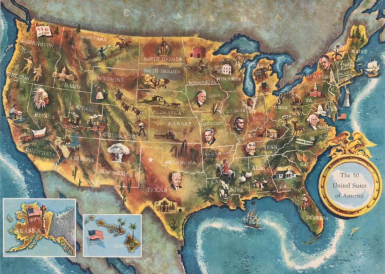 1960 "The 50 United States of America" Pictorial Map by Lorin Thompson - The Great Republic