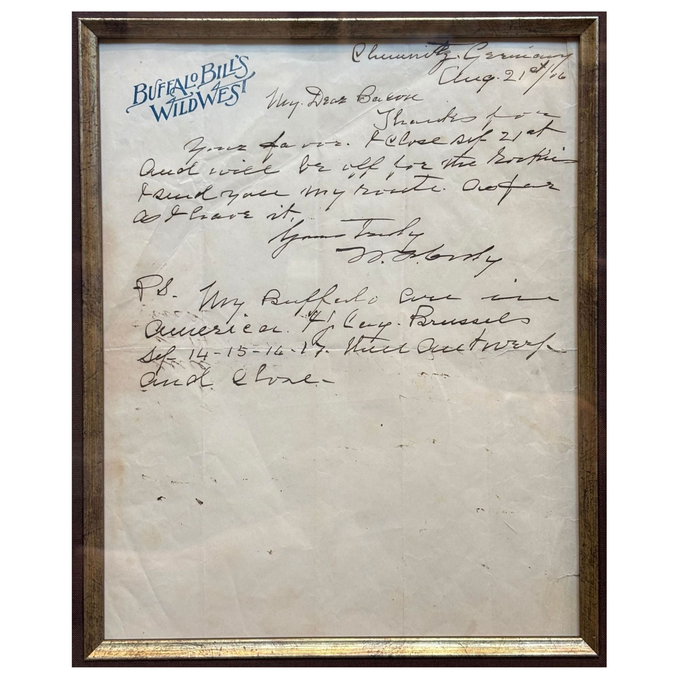 William F. Cody Letter Signed, on Buffalo Bill’s Wild West letterhead, Dated Aug 21, 1906