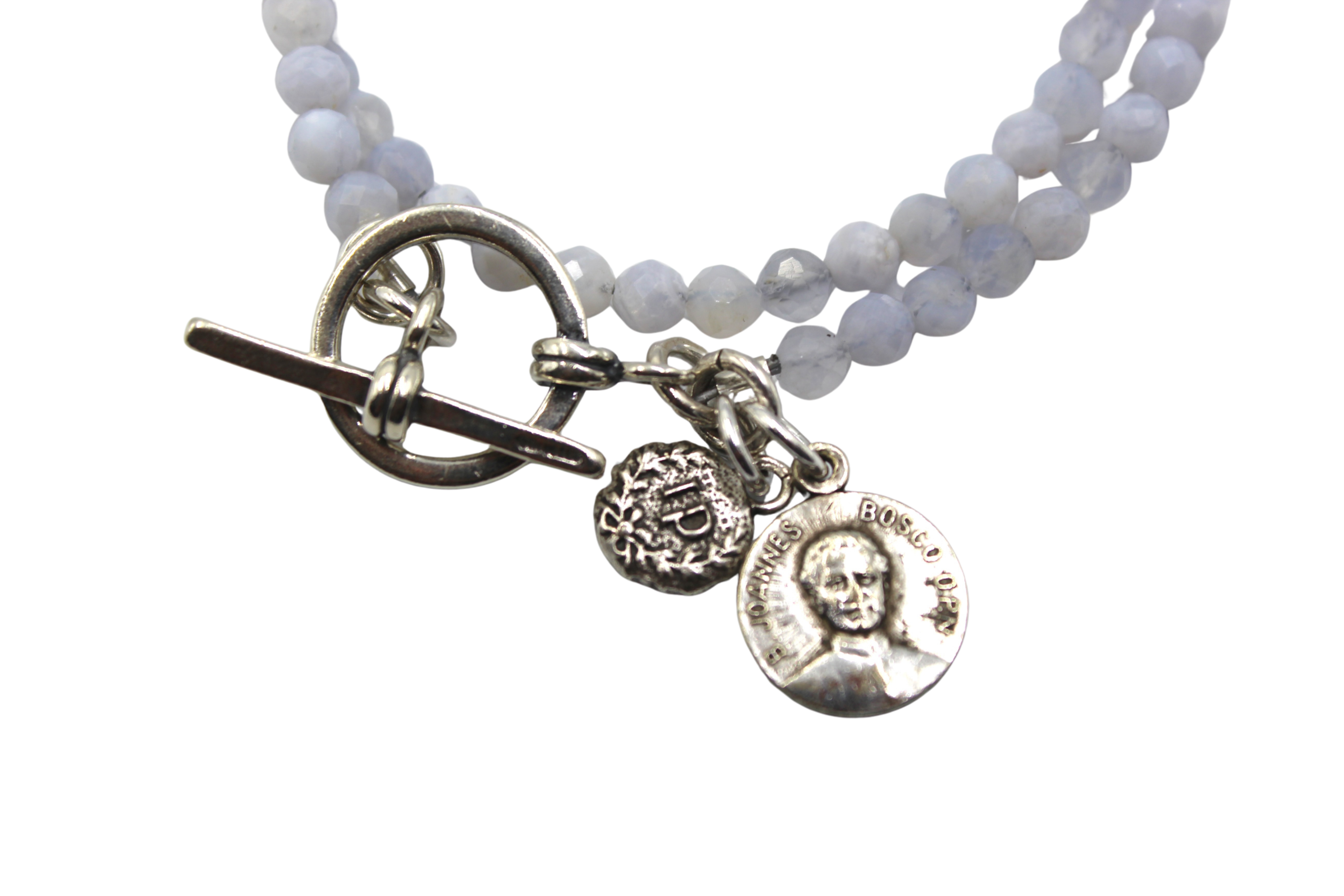 Antique Saint John Bosco Medal on Faceted Blue Lace Double Wrap Bracelet