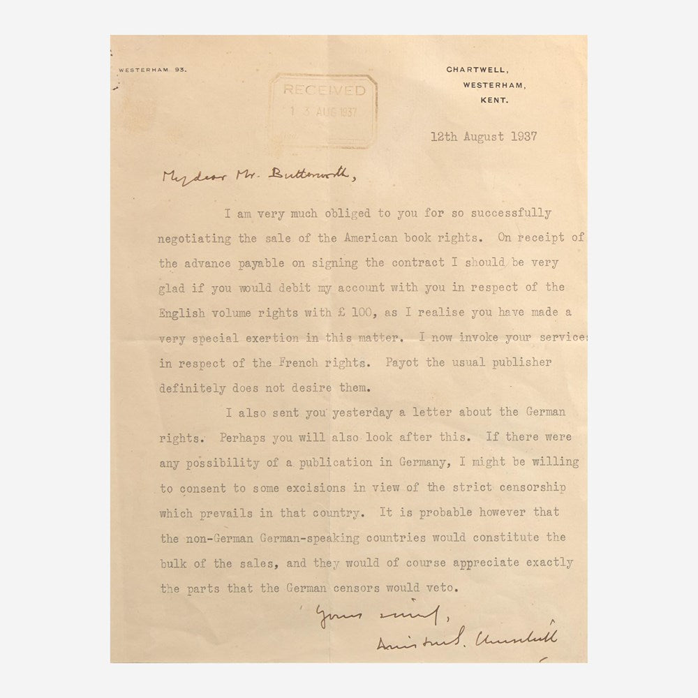 Winston Churchill Signed Letter to British Publisher Thornton Butterworth, August 12, 1937