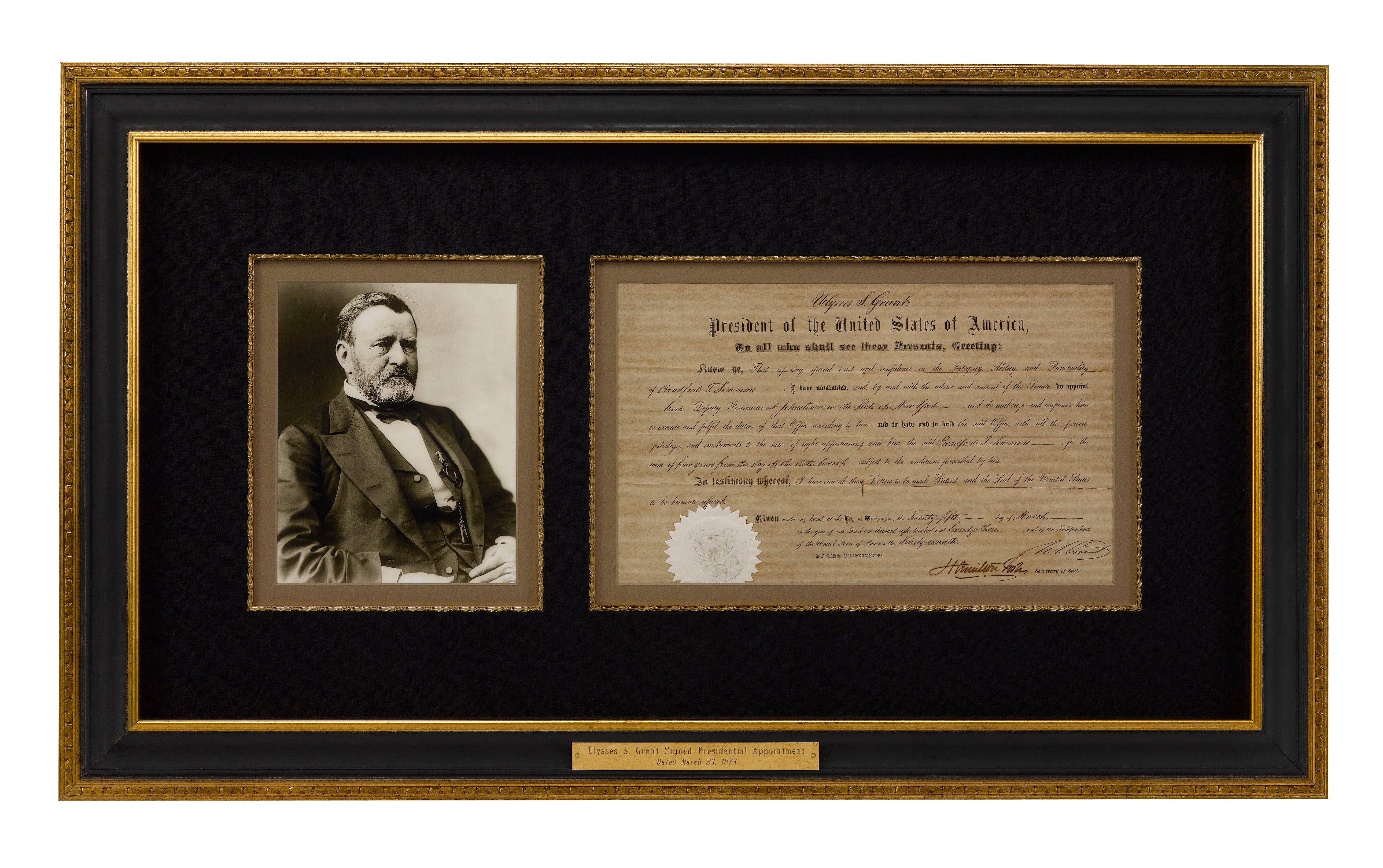 Ulysses S. Grant Signed Presidential Appointment, Dated March 25, 1873, Appointing Bradford T. Simmons as Deputy Postmaster of Johnstown, New York