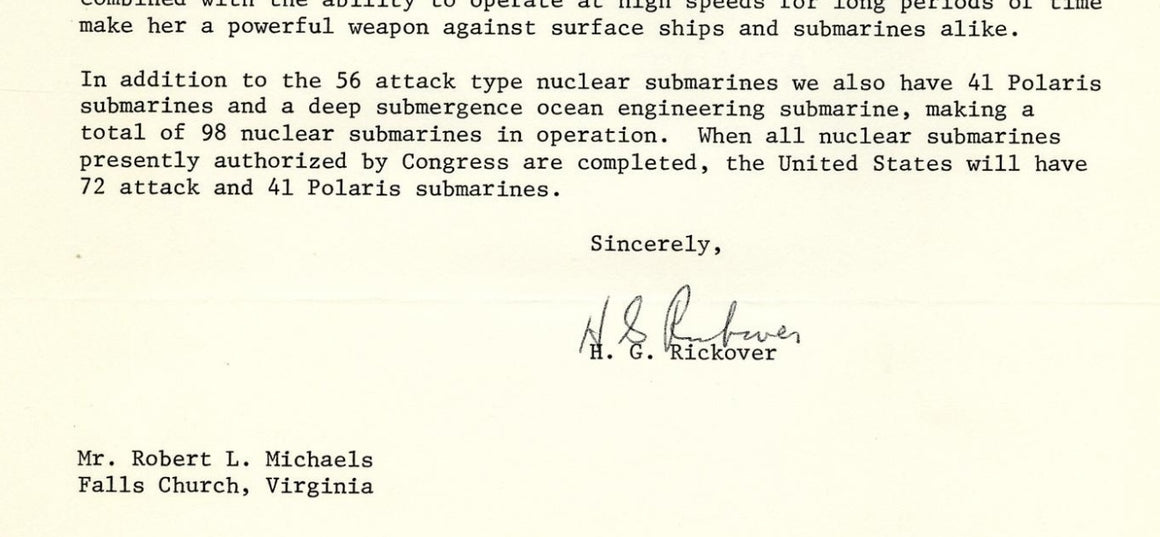 Hyman G. Rickover Signed Letter to Robert L. Michaels, 1972