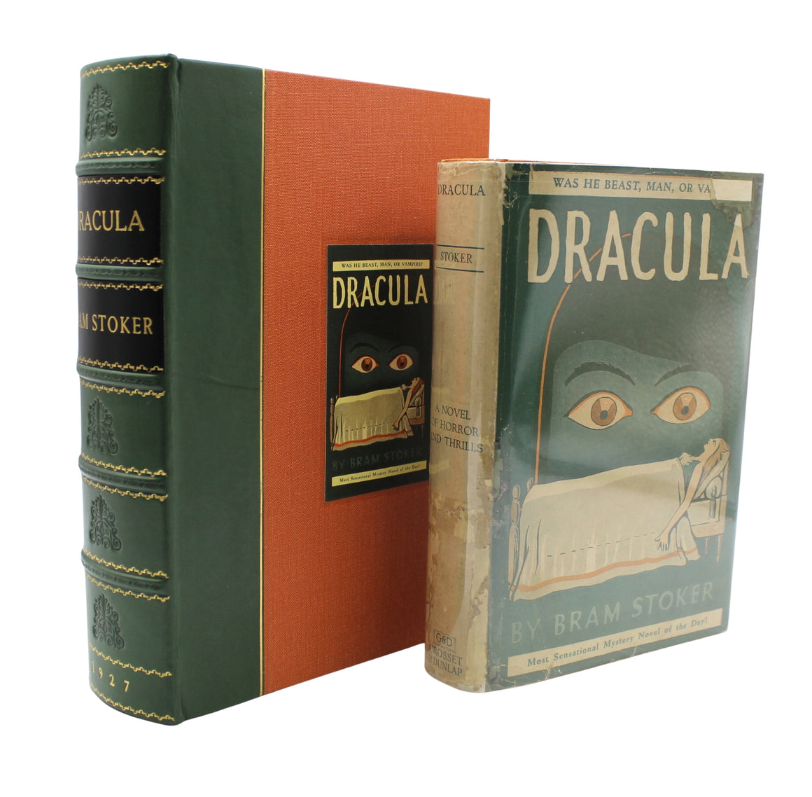 The clamshell cover and novel front on, with the clamshell cover staggered slightly behind the novel. 