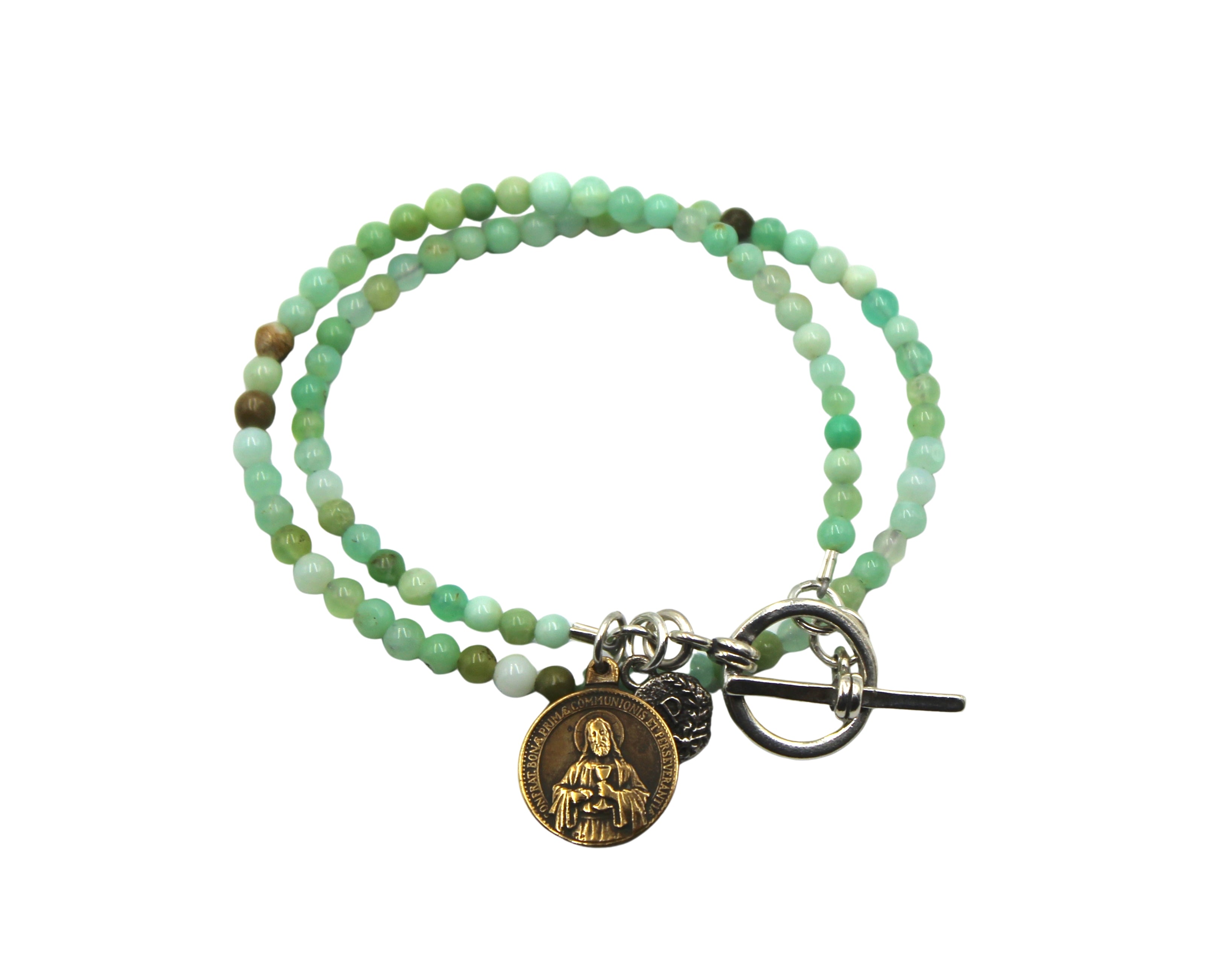Antique Medal of Jesus Charm on Chrysoprase Double Wrap Bracelet