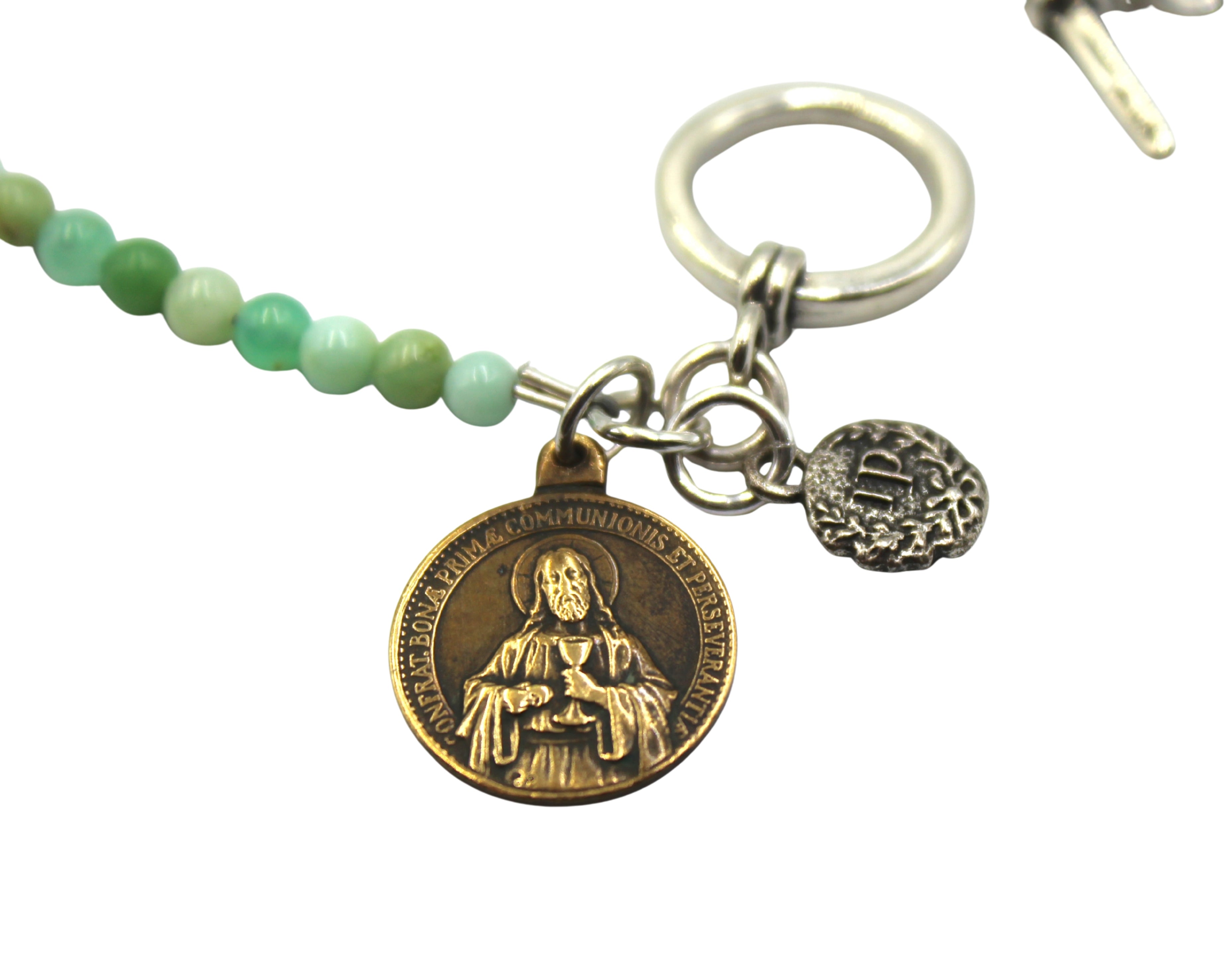 Antique Medal of Jesus Charm on Chrysoprase Double Wrap Bracelet
