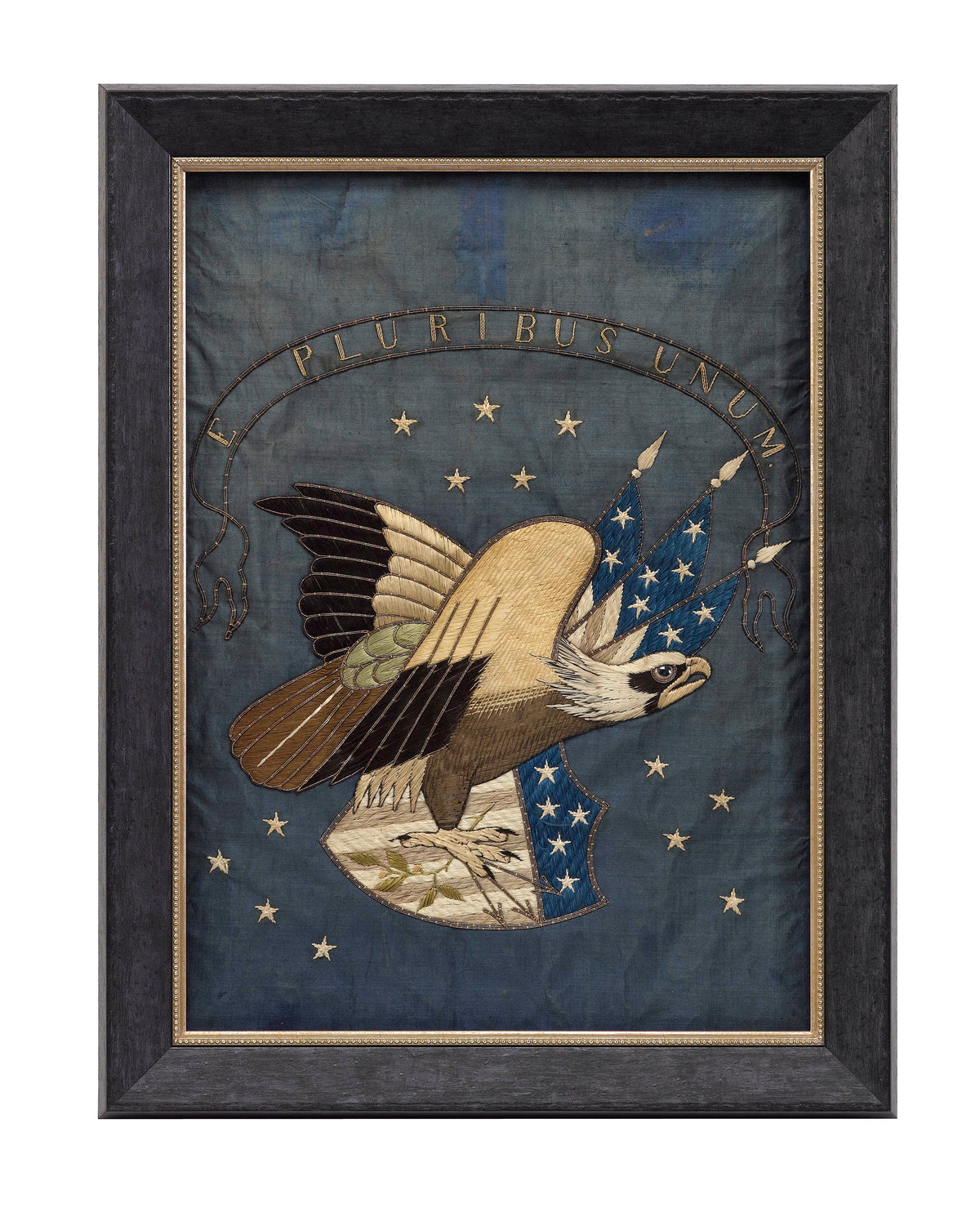 Patriotic "E Pluribus Unum" Eagle Silk and Metallic Embroidered Needlework, Late 19th Century