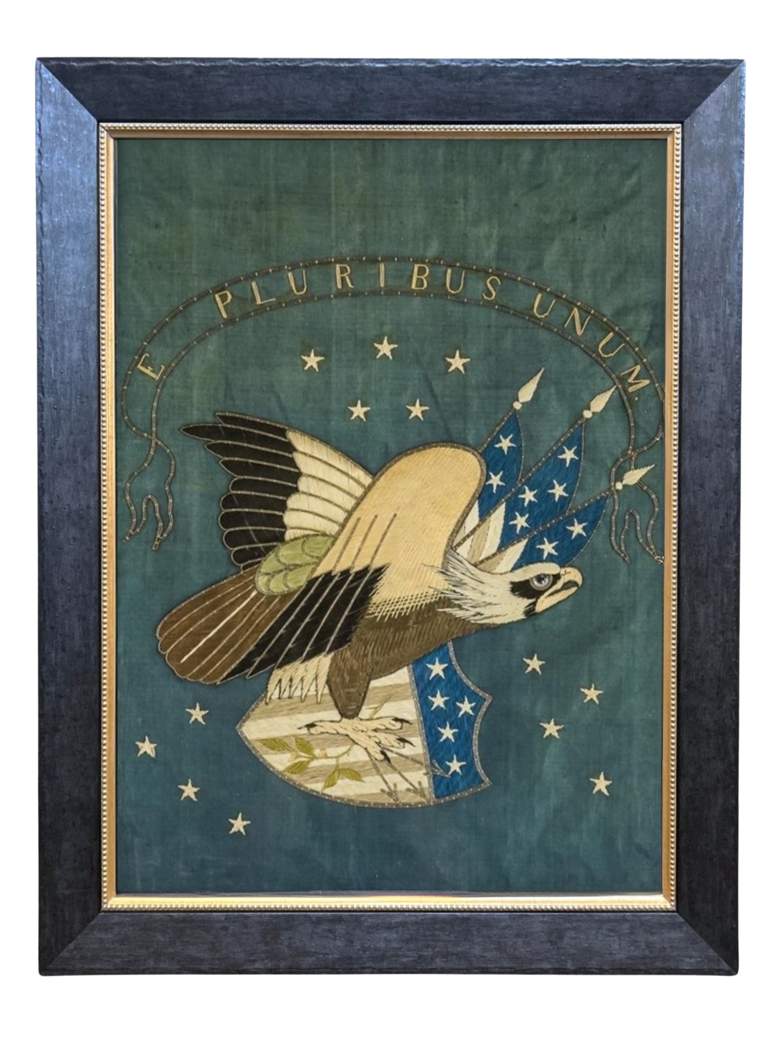 Patriotic "E Pluribus Unum" Eagle Silk and Metallic Embroidered Needlework, Late 19th Century