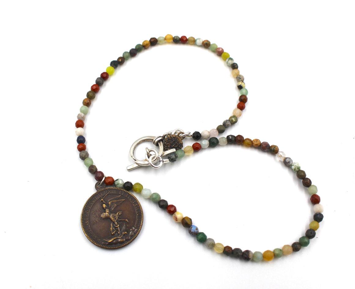 Antique Bronze St. Michael Medal on a Multistone Necklace