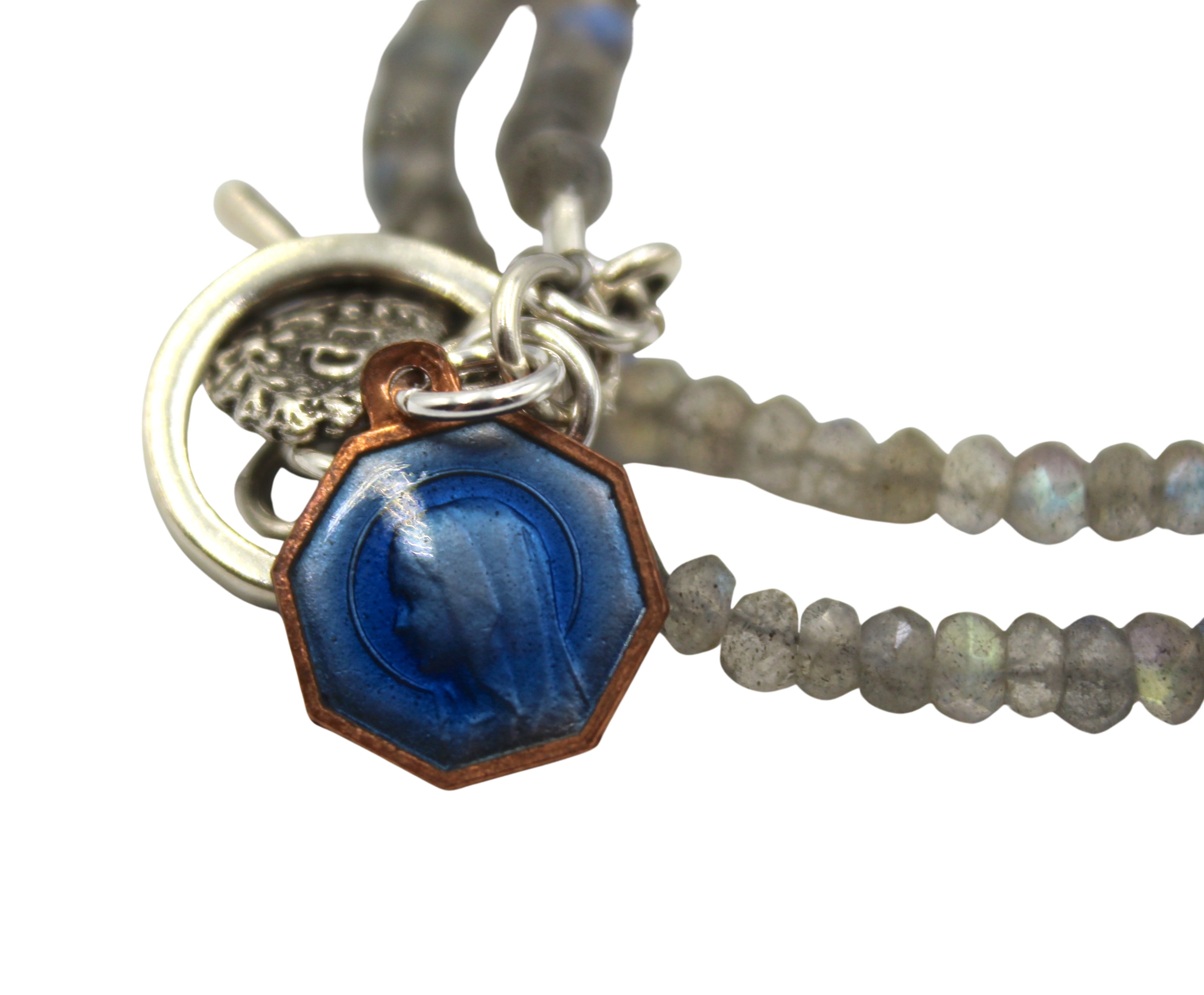 Antique Blue Enamel Medal of Mary Charm on Faceted Labradorite Double Wrap Bracelet