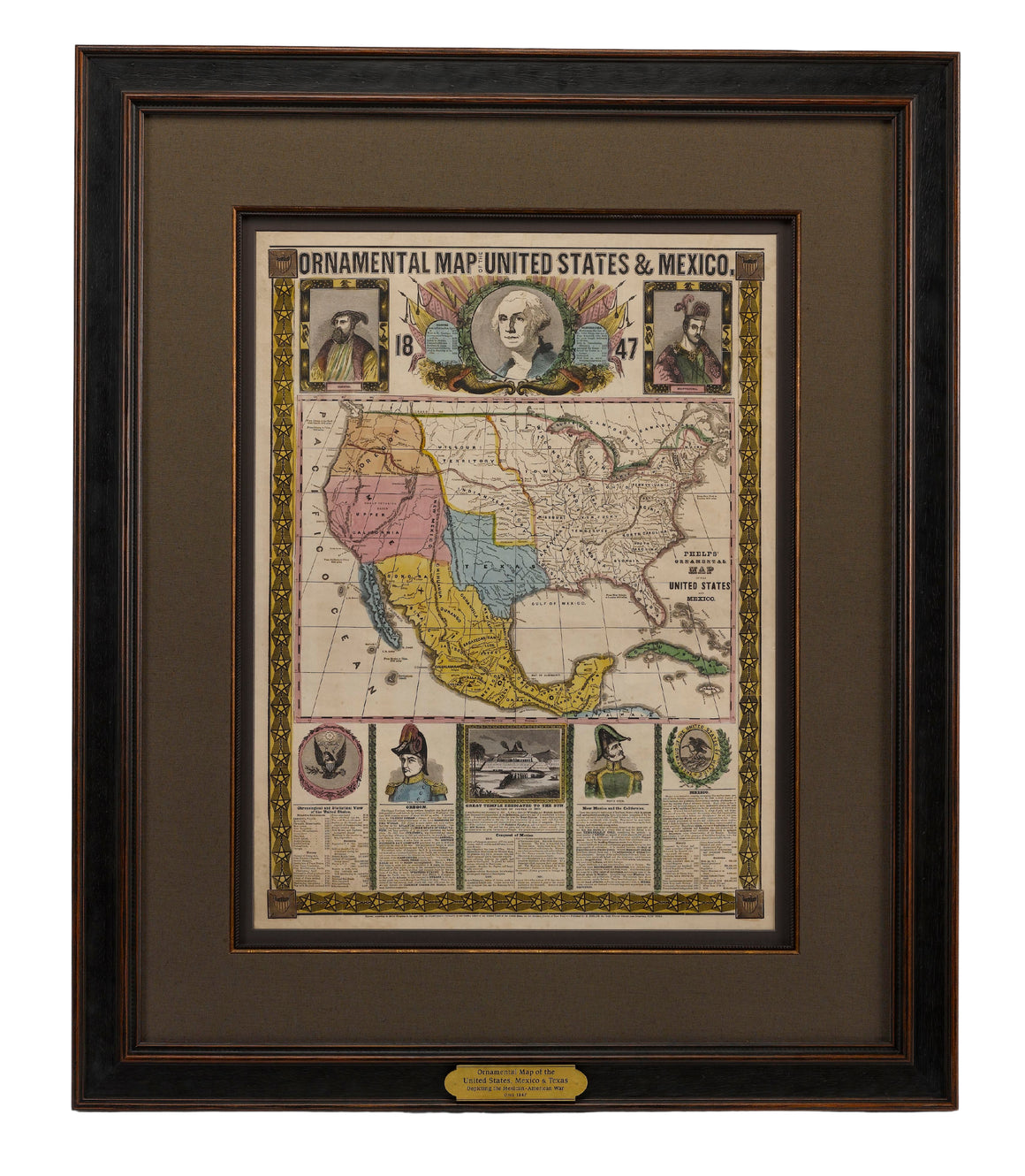 1847 "Ornamental Map of the United States & Mexico" by H. Phelps, Hand-Colored Broadside
