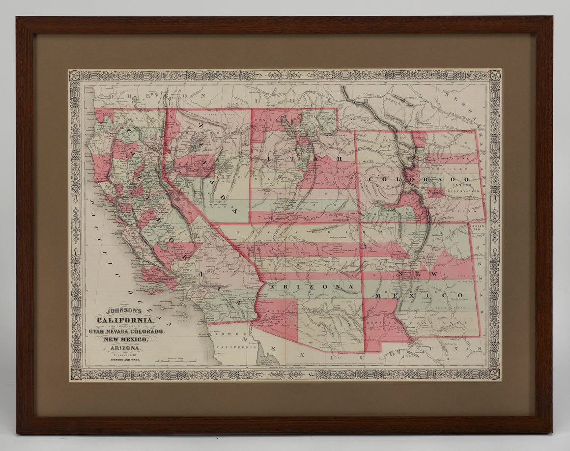 1865 "Johnson's California, with Territories of Utah, Nevada, Colorado, New Mexico, and Arizona" Map by Johnson and Ward