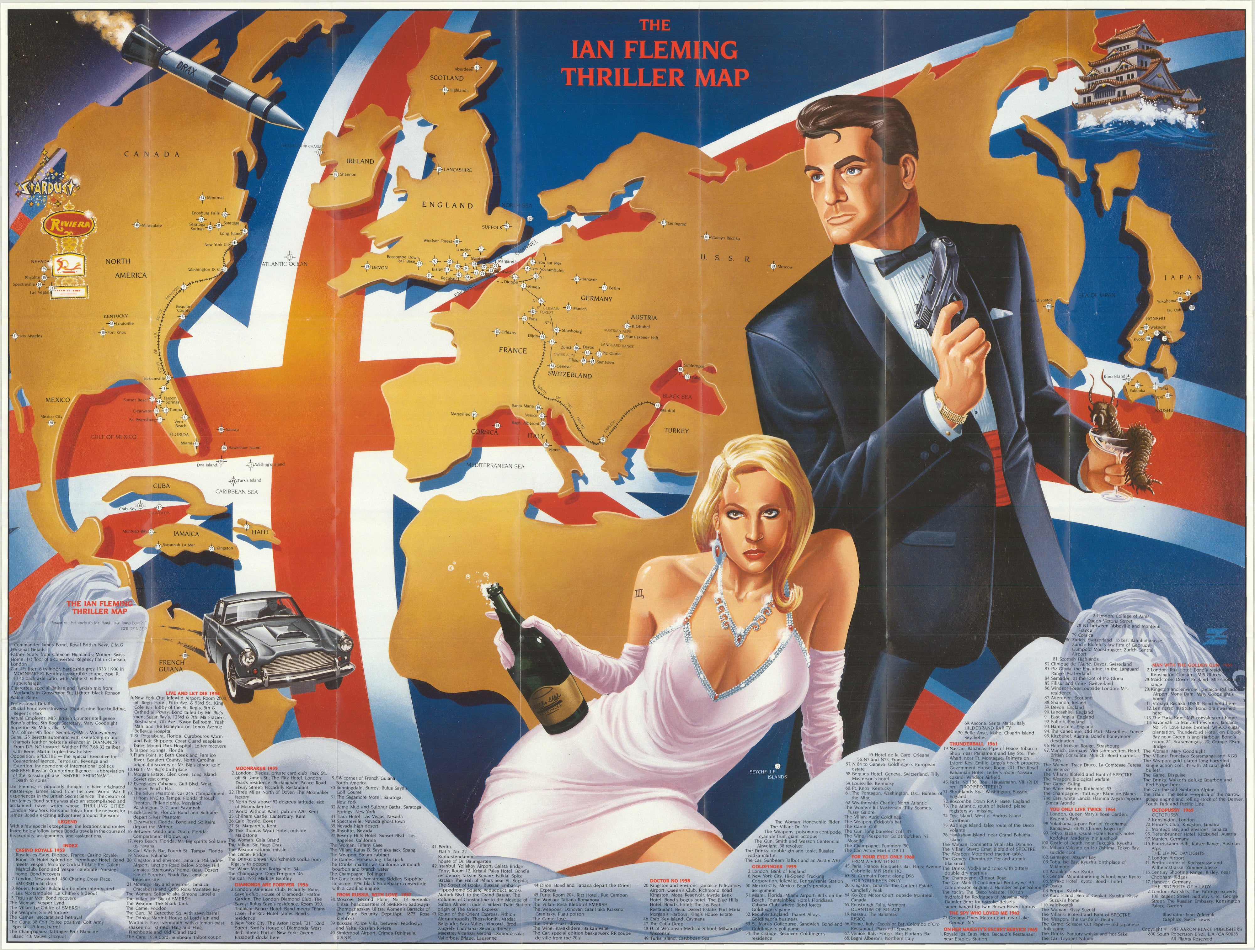 1987 "The Ian Fleming Thriller Map" by Aaron Blake Publishers
