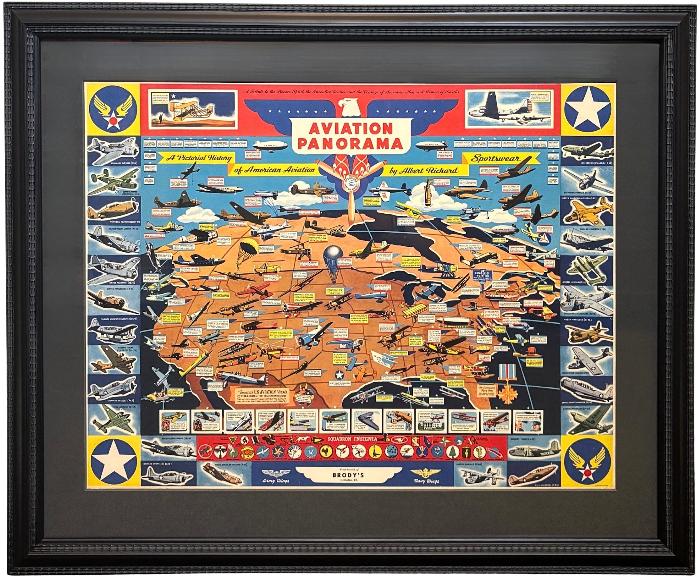 "Aviation Panorama: A Pictorial History of American Aviation" Map of the United States by F. E. Cheeseman, circa 1944